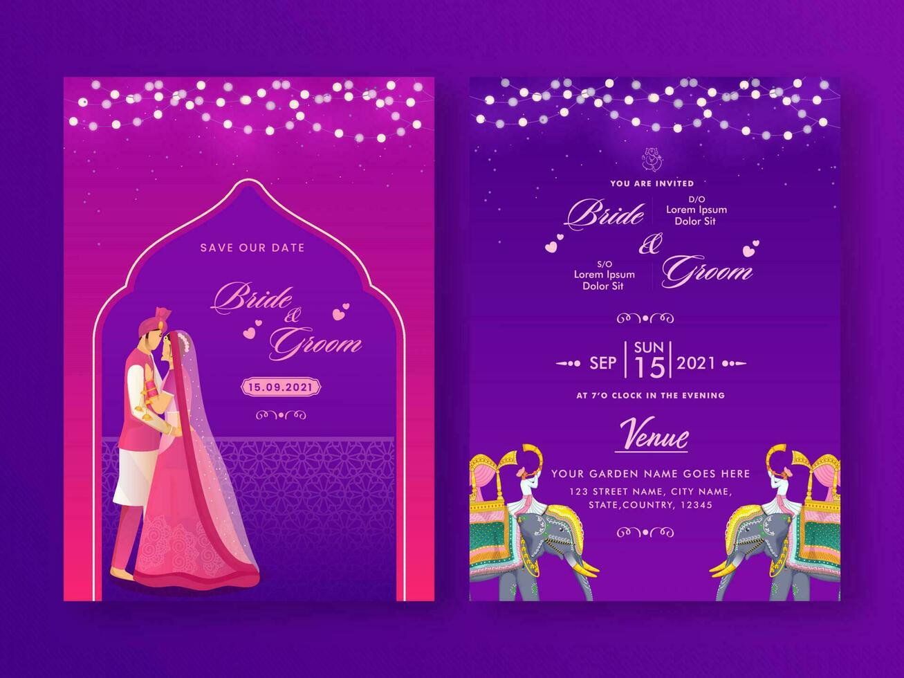 nozze invito carta modello con indiano coppia personaggio nel viola e rosa colore. vettore