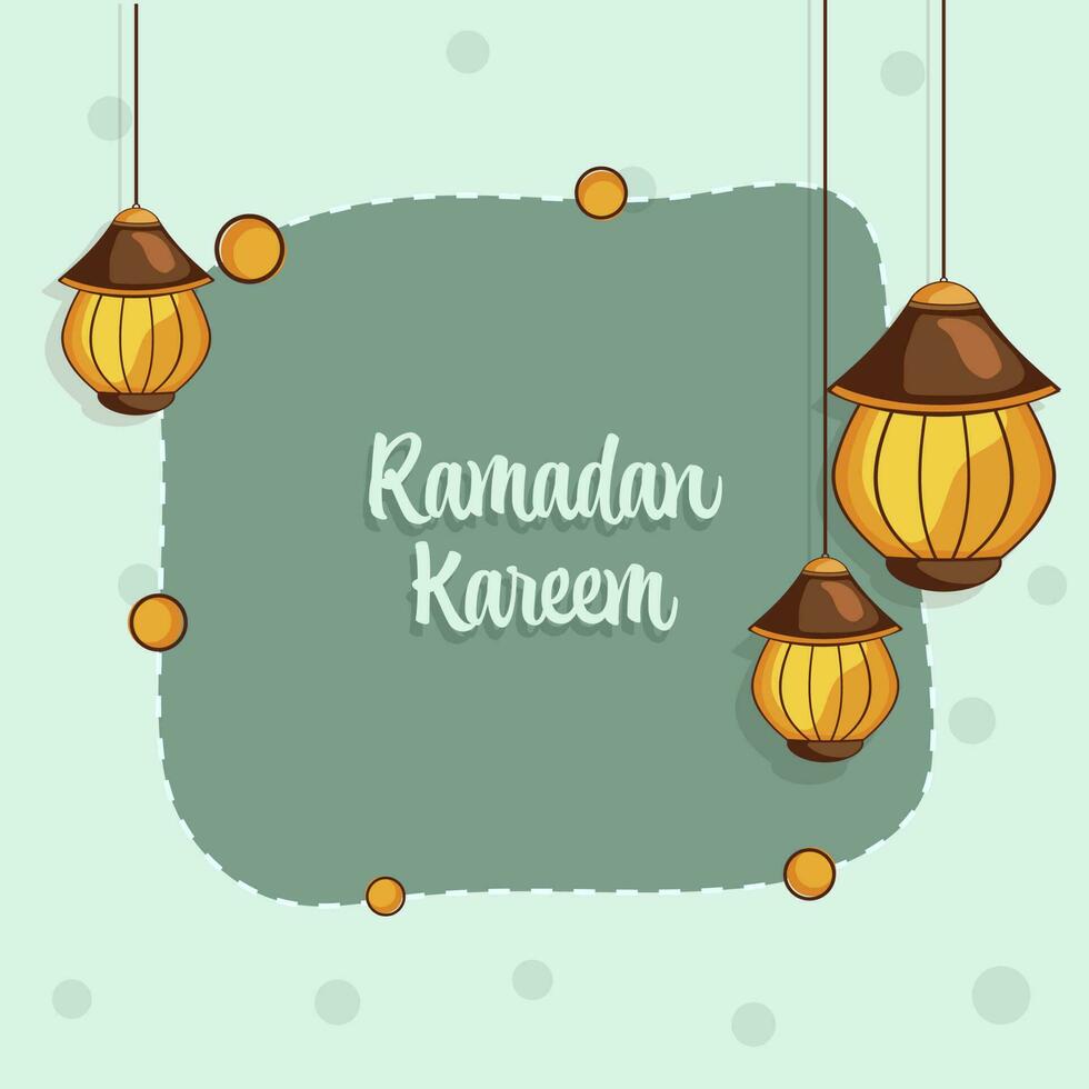 Ramadan kareem font con tradizionale lanterne appendere su turchese sfondo. vettore