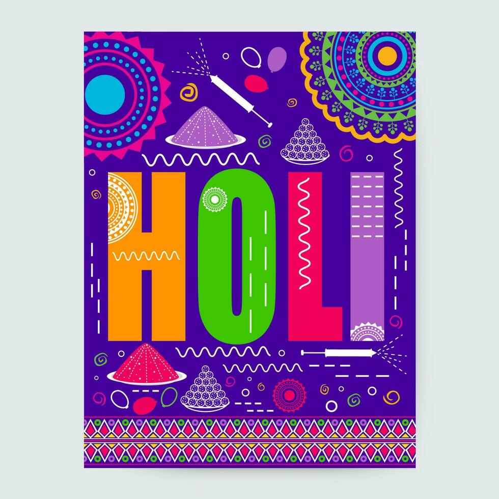 colorato holi celebrazione saluto carta con indiano dolce, polvere, acqua pistola e mandala decorato viola sfondo. vettore