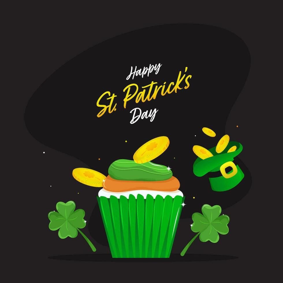 contento st. Patrick giorno concetto con cupcake, trifoglio foglie, d'oro monete e fata cappello su nero sfondo. vettore