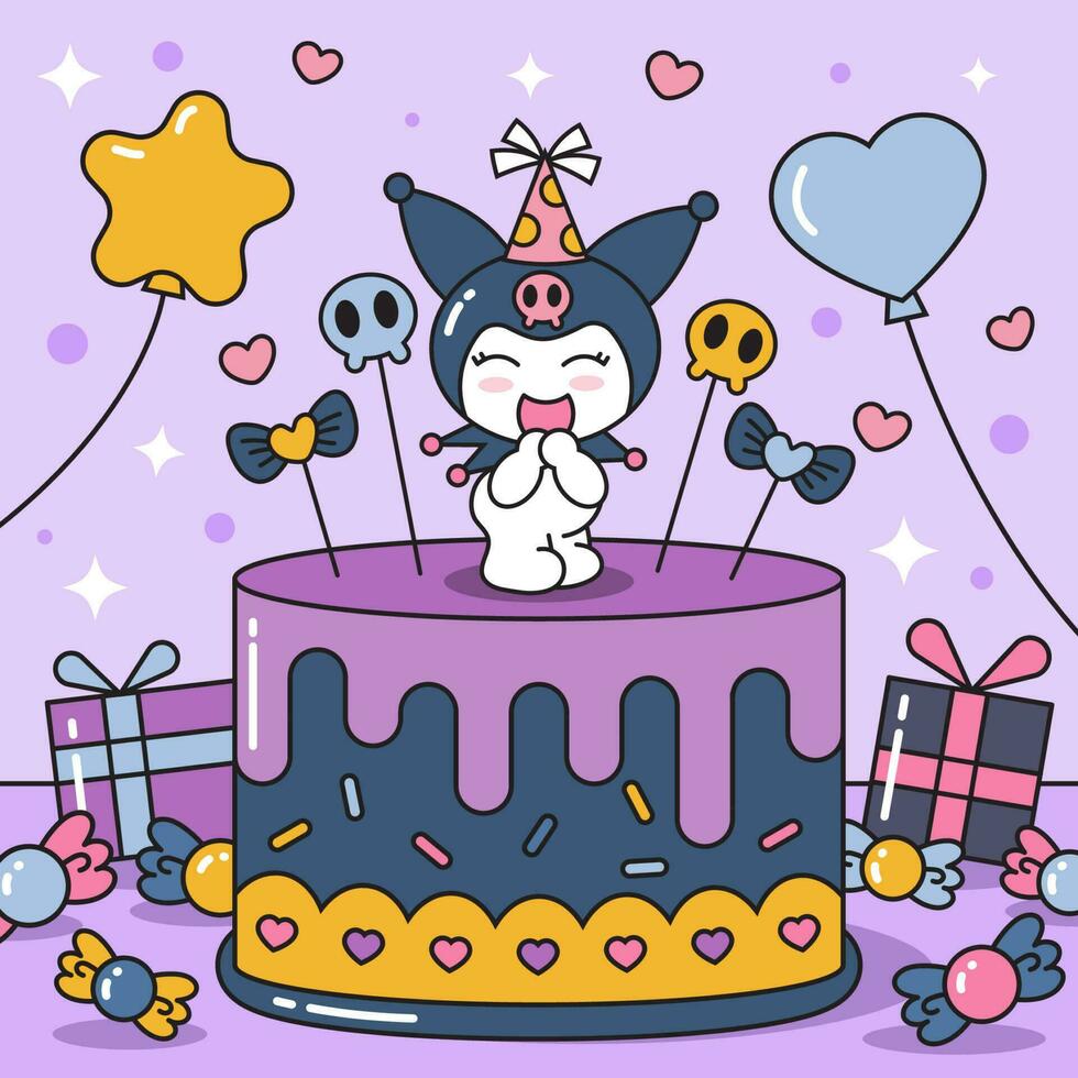 carino nero gatto con compleanno torta vettore