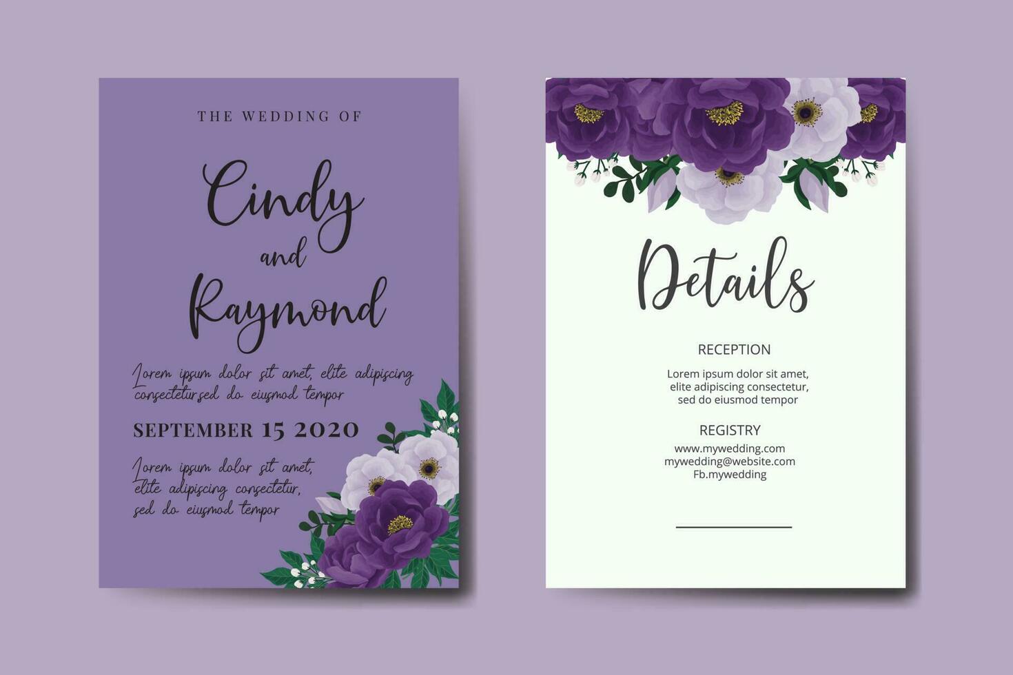 set di cornici per inviti di nozze, modello di biglietto d'invito con disegno di fiori di peonia viola disegnato a mano digitale ad acquerello floreale vettore