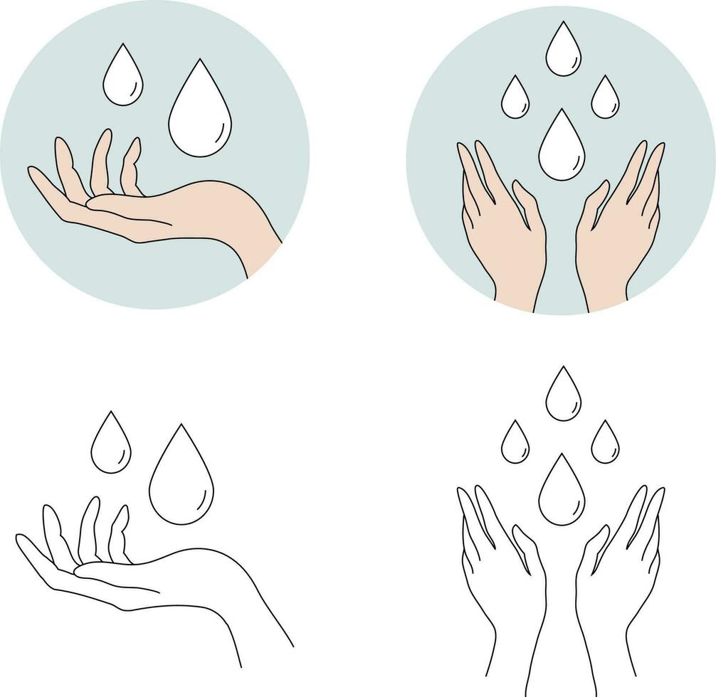 vettore impostato di lavaggio mani con acqua illustrazione, colorato e lineare icone. piatto medico cura igiene personale pelle pulizia procedura concetto. mani con acqua gocce