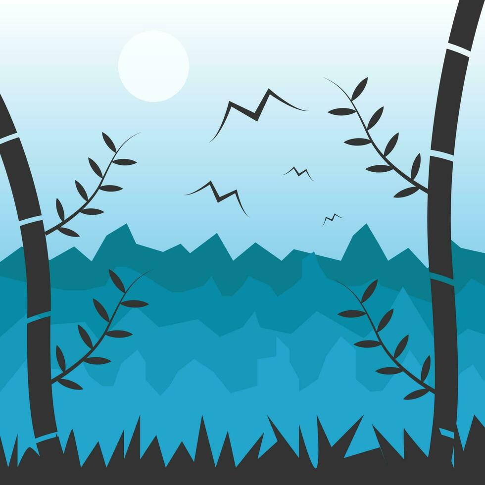 silhouette di natura paesaggio. montagne, foresta nel sfondo. blu, bianca e nero illustrazione vettore