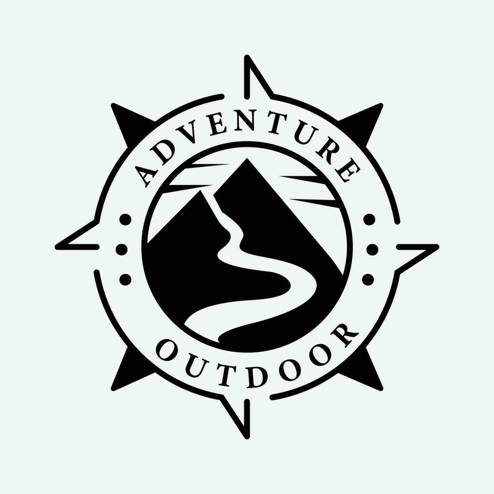 avventura logo con bussola simbolo, silhouette montagna creativo icona design vettore. vettore