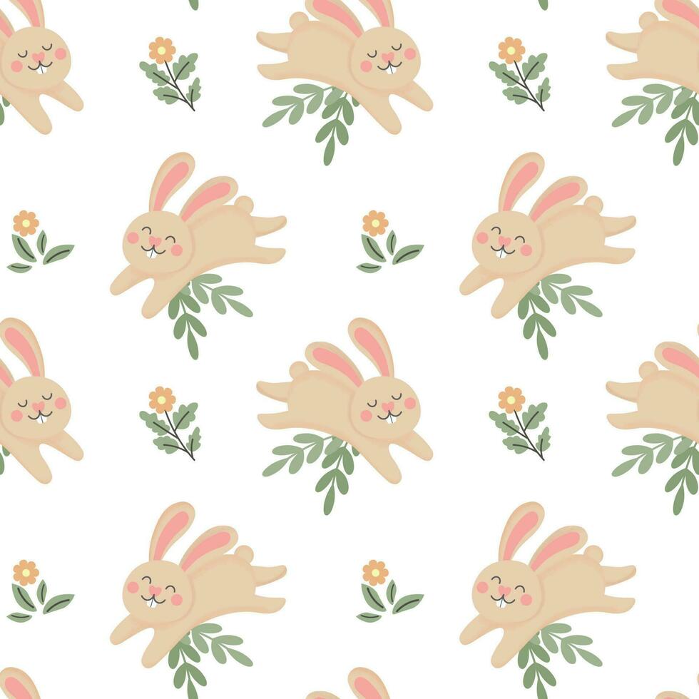 senza soluzione di continuità modello, carino salto Pasqua coniglietti e fiori con le foglie su un' bianca sfondo. sfondo nel cartone animato stile, tessile, vettore