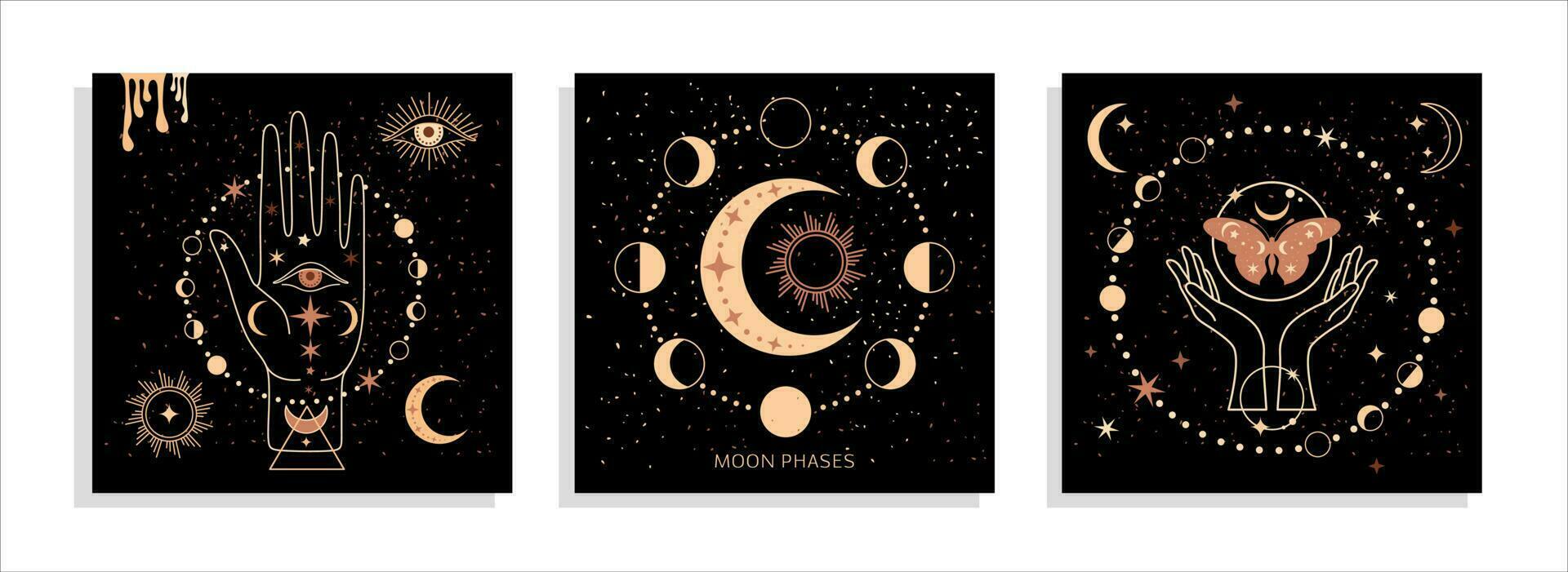 bandiera impostato mistico Luna fasi e donna mani e falena, alchimia esoterico Magia spazio, sacro ruota di il anno, vettore isolato su nero sfondo
