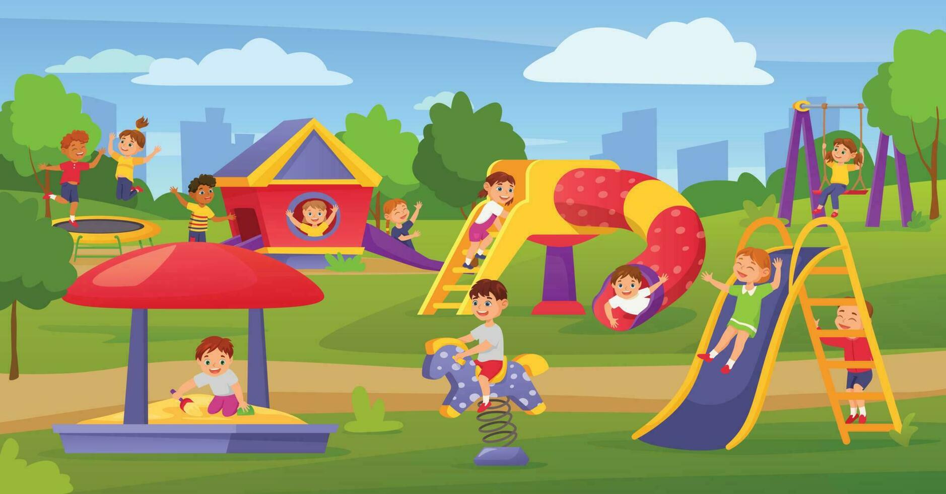 cartone animato bambini giocando su terreno di gioco nel estate parco o asilo. contento bambini su diapositiva o oscillazione, ragazzo giocare nel sandbox vettore illustrazione