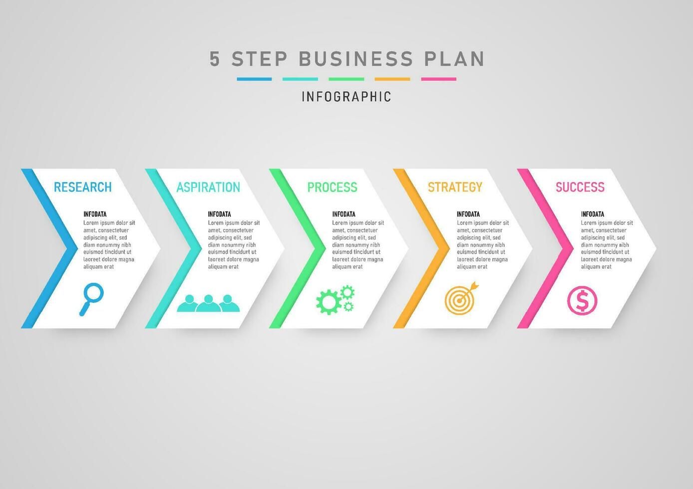 moderno Infografica attività commerciale pianificazione passaggi per crescere bianca freccia forme e Multi colorato strisce luminosa bellissimo lettere con icone. grigio pendenza sfondo vettore