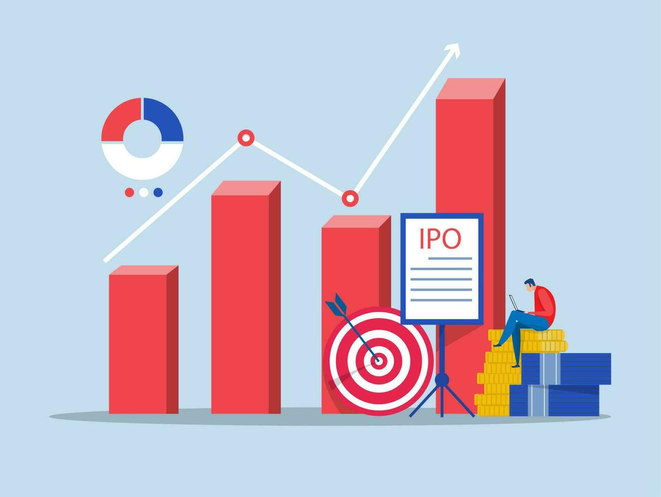 ipo, iniziale pubblico offerta. uomo d'affari analista e investire strategia concetto, piatto vettore illustrazione.