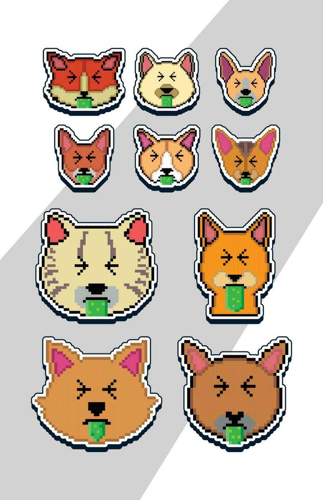 pixel arte gatto viso emoji etichetta. pixel etichetta design vettore