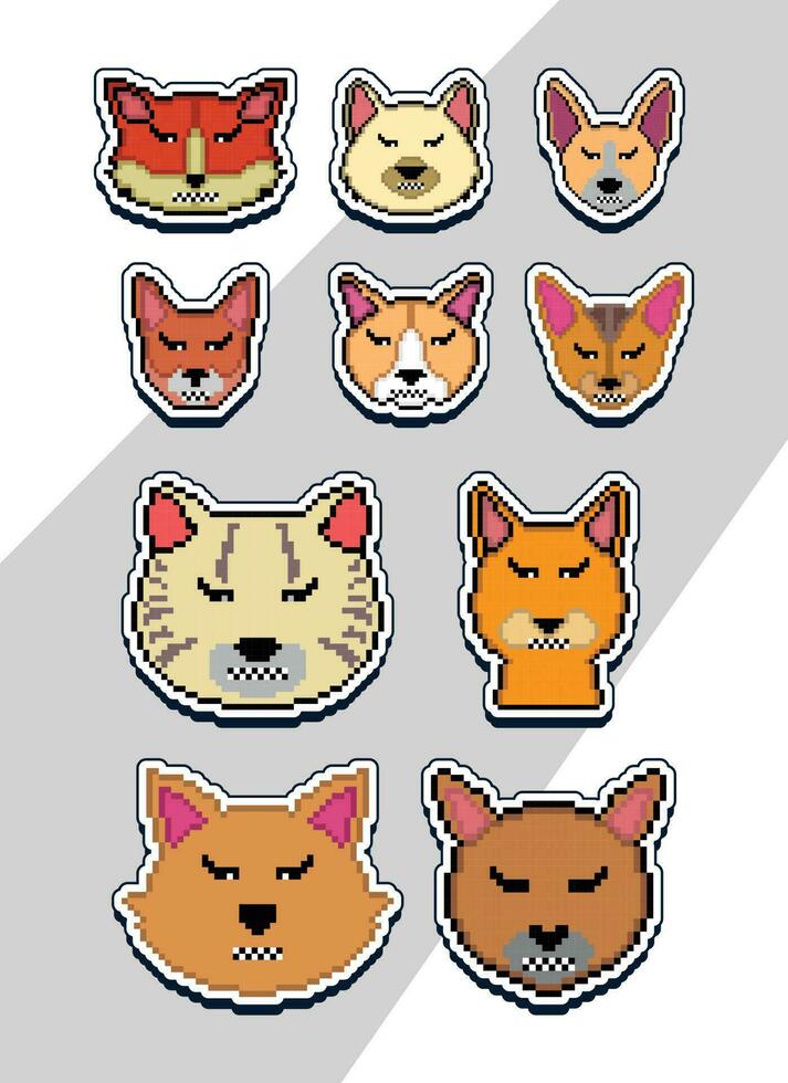 pixel arte gatto viso emoji etichetta. pixel etichetta design vettore