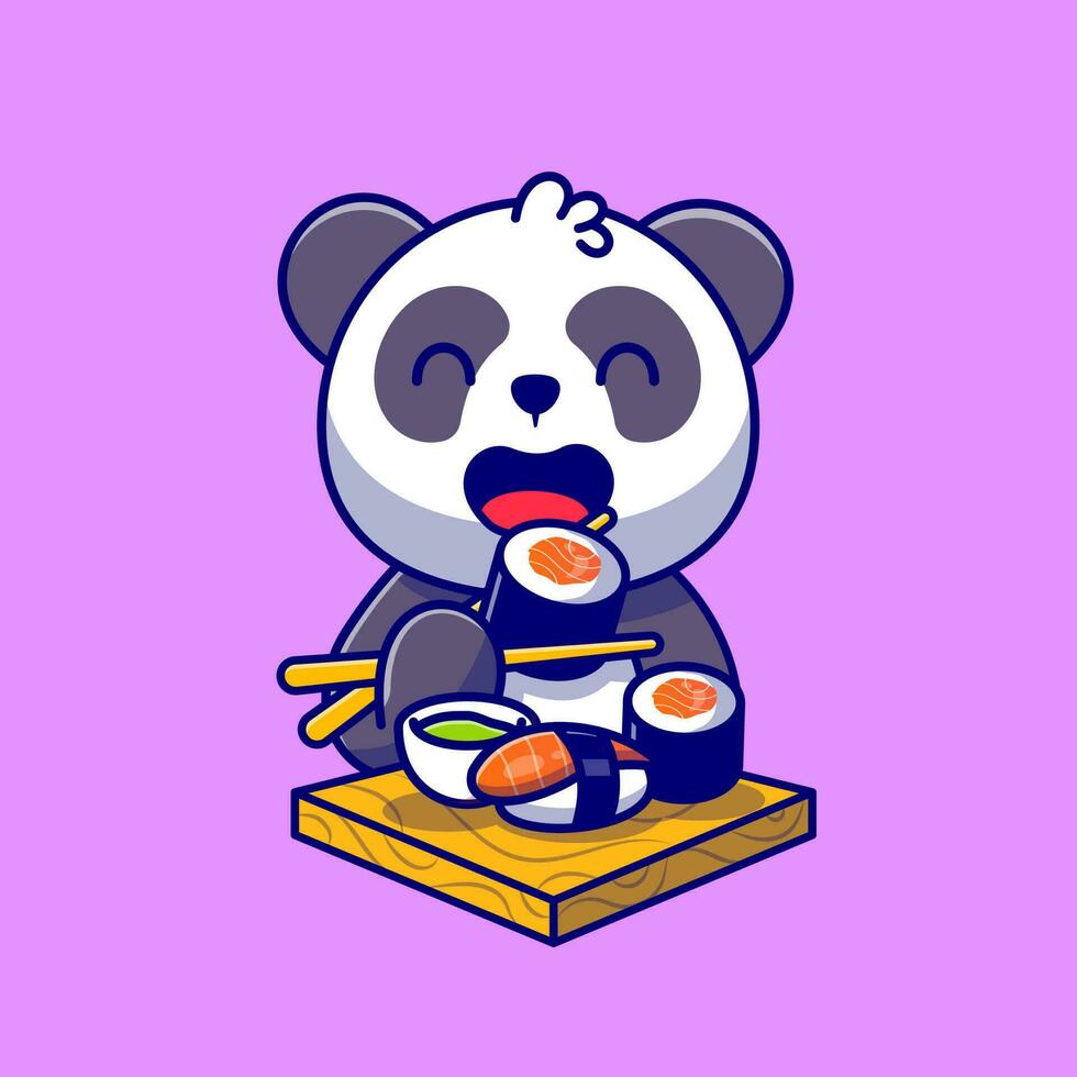 carino panda mangiare salmone Sushi con bastoncini cartone animato vettore icona illustrazione. animale cibo icona concetto isolato premio vettore. piatto cartone animato stile