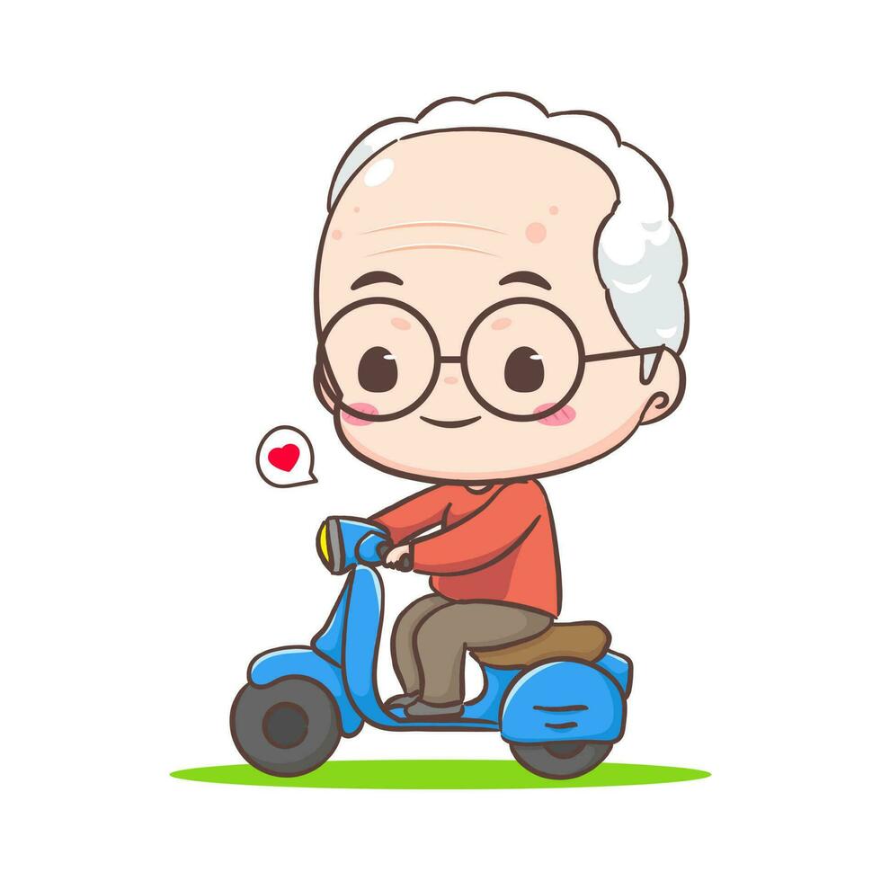 carino nonno cartone animato carattere. Nonno equitazione scooter o motociclo. persone e mezzi di trasporto concetto design. isolato bianca sfondo. vettore arte illustrazione