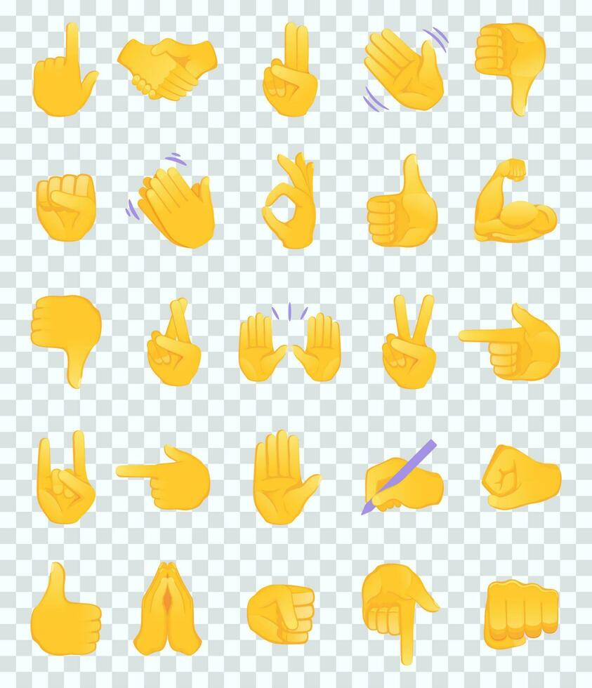 mano gesto emoji icone collezione. stretta di mano, bicipite, applausi, pollice, pace, roccia Su, ok, cartella mani gesticolando. impostato di diverso emoticon mani isolato vettore illustrazione.