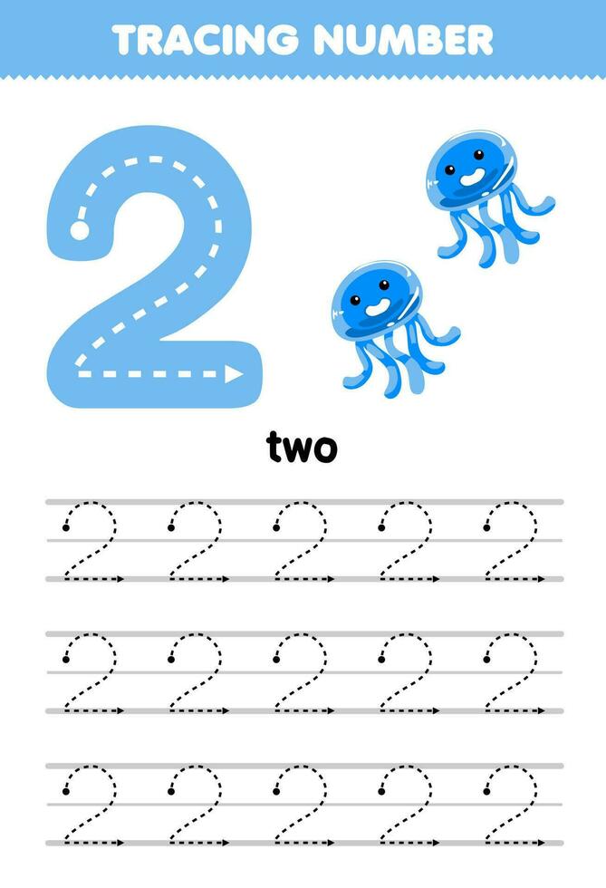 formazione scolastica gioco per bambini tracciato numero Due con carino cartone animato Medusa immagine stampabile animale foglio di lavoro vettore