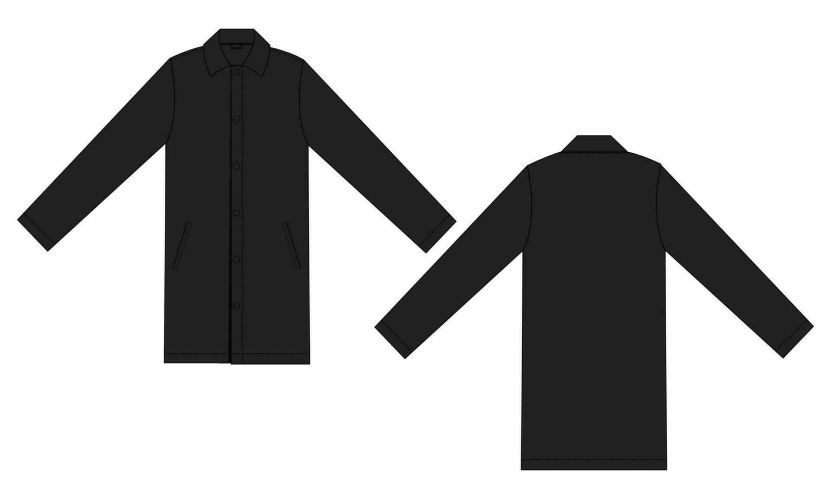 lungo manica ginocchio lunghezza cappotto giacca tecnico disegno moda piatto schizzo vettore illustrazione nero colore modello davanti e indietro