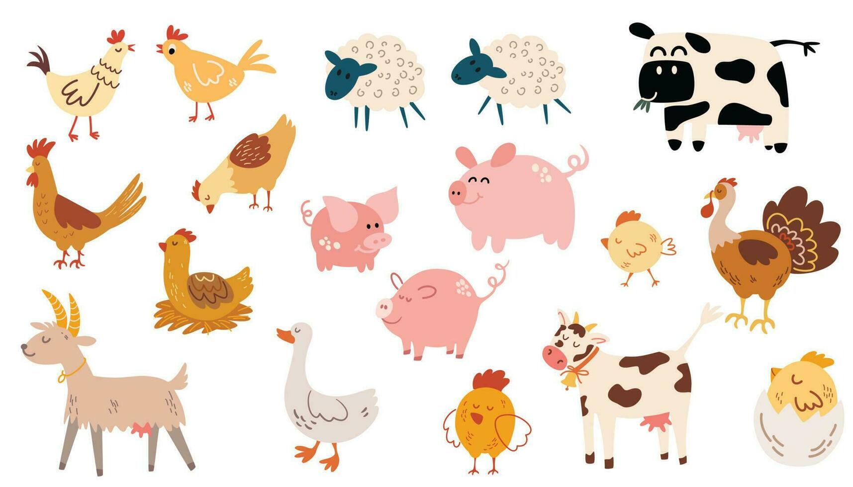 azienda agricola animali. mucca, oca, tacchino, capra, maiale, maialino, polli, gallo, polli, pecore. ideale bambini disegno, per tessuto, avvolgere, tessile, sfondo, abbigliamento. cartone animato vettore illustrazione