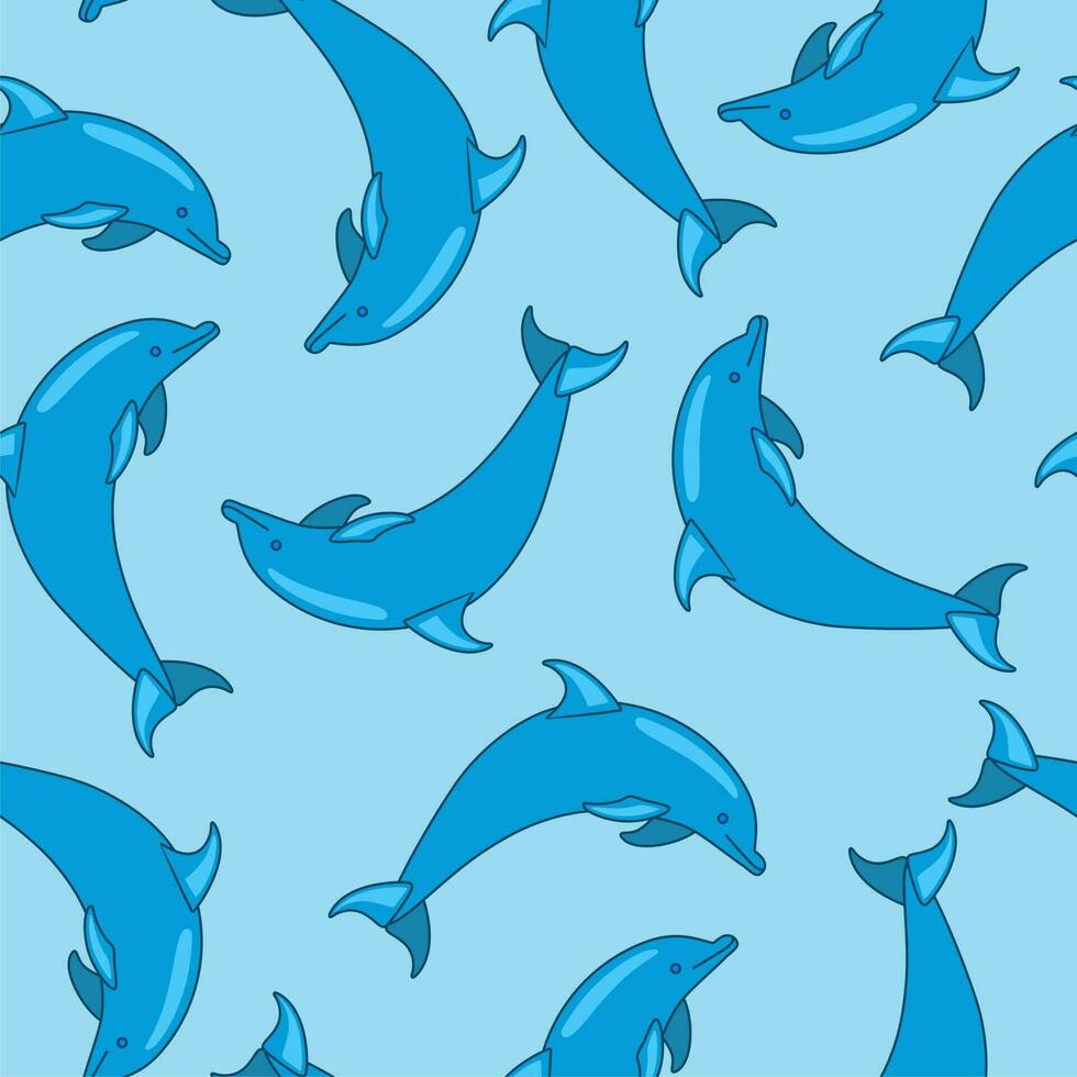 vettore senza soluzione di continuità modello con carino delfino su blu sfondo. mano disegnato oceano animale. cartone animato carattere.
