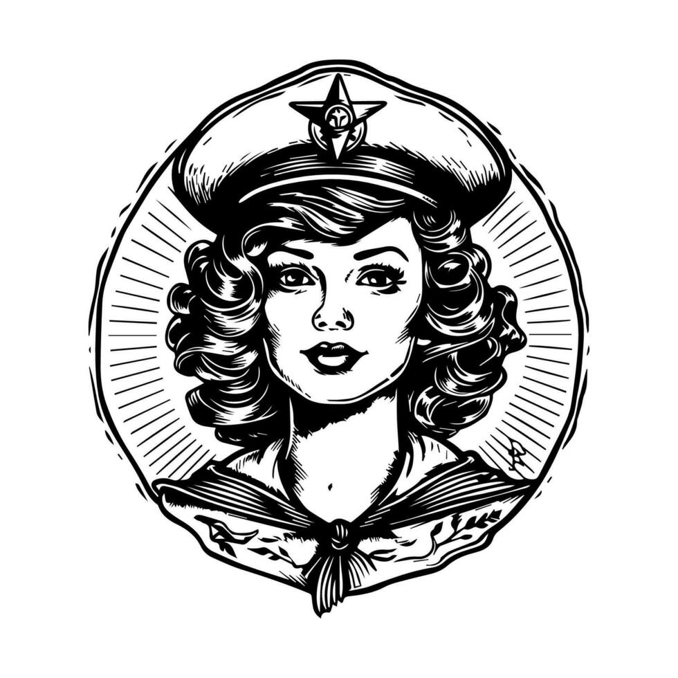 impostato vela con nostro audace femmina marinaio illustrazione. Questo empowering opera d'arte cattura il spirito di avventura e il mare. vettore