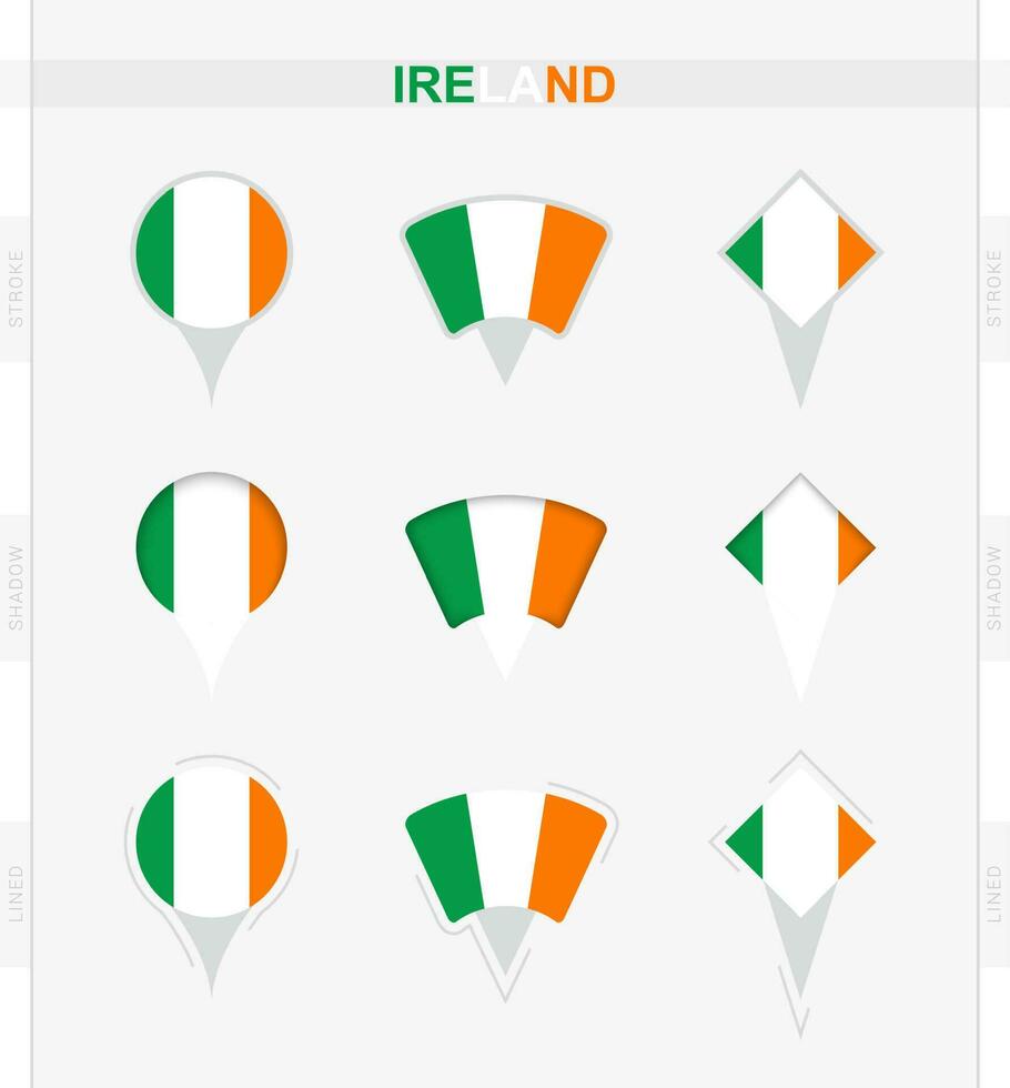Irlanda bandiera, impostato di Posizione perno icone di Irlanda bandiera. vettore