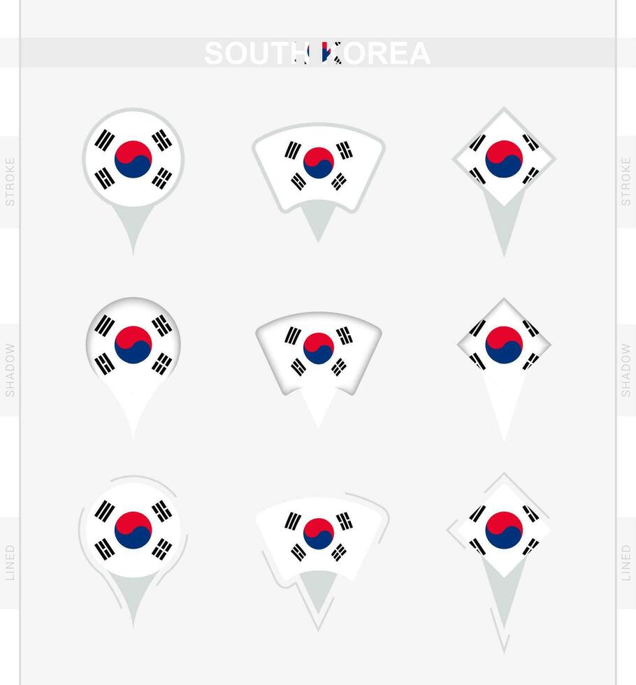 Sud Corea bandiera, impostato di Posizione perno icone di Sud Corea bandiera. vettore