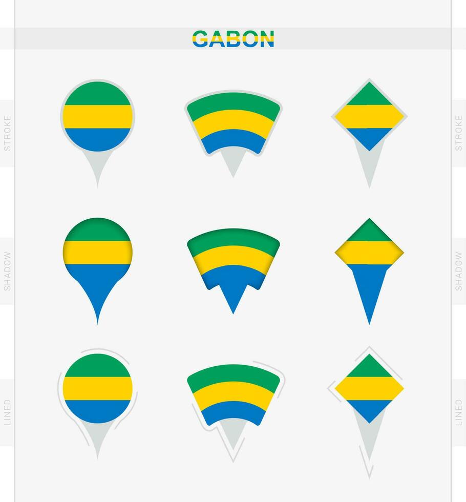 Gabon bandiera, impostato di Posizione perno icone di Gabon bandiera. vettore