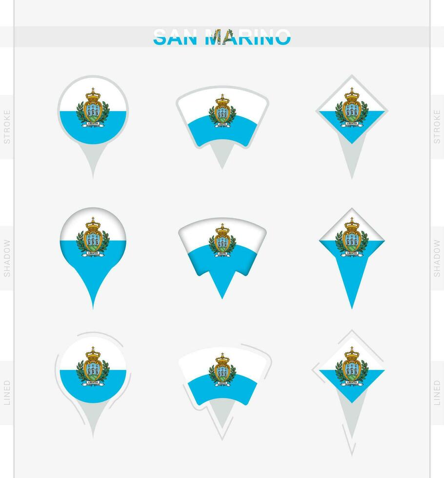 san Marino bandiera, impostato di Posizione perno icone di san Marino bandiera. vettore