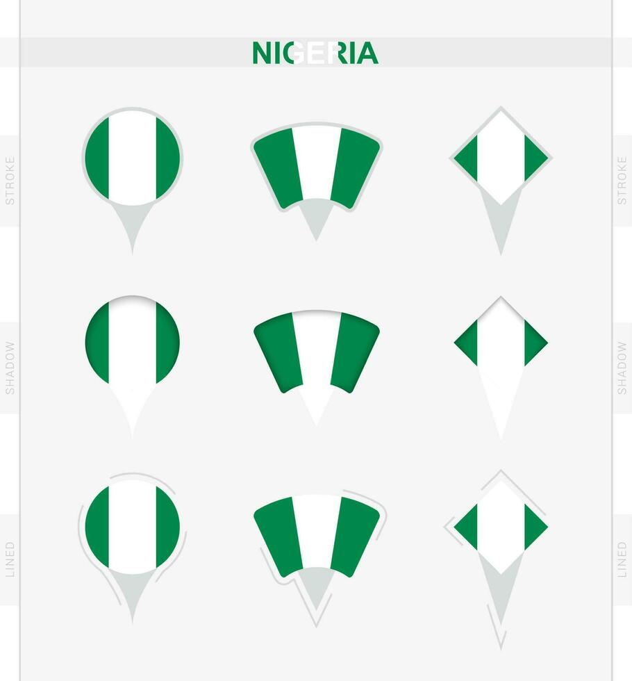 Nigeria bandiera, impostato di Posizione perno icone di Nigeria bandiera. vettore