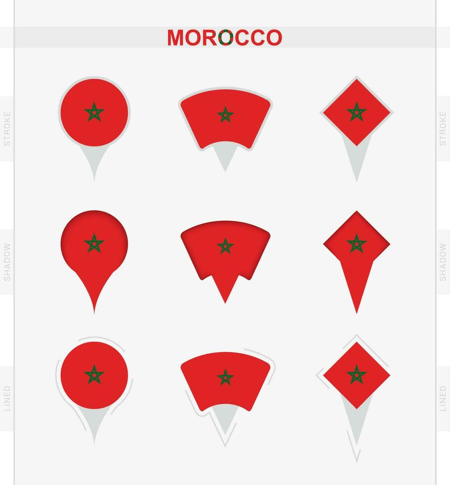 Marocco bandiera, impostato di Posizione perno icone di Marocco bandiera. vettore