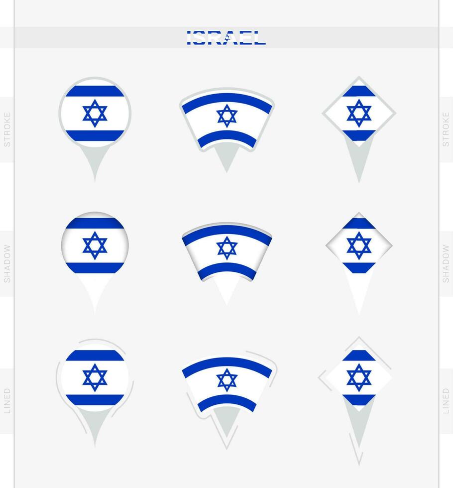 Israele bandiera, impostato di Posizione perno icone di Israele bandiera. vettore