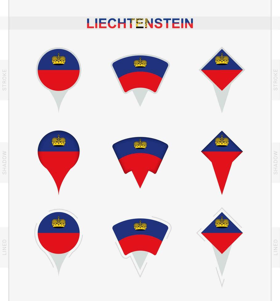 Liechtenstein bandiera, impostato di Posizione perno icone di Liechtenstein bandiera. vettore