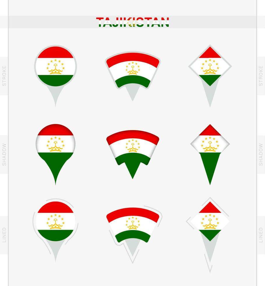 tagikistan bandiera, impostato di Posizione perno icone di tagikistan bandiera. vettore