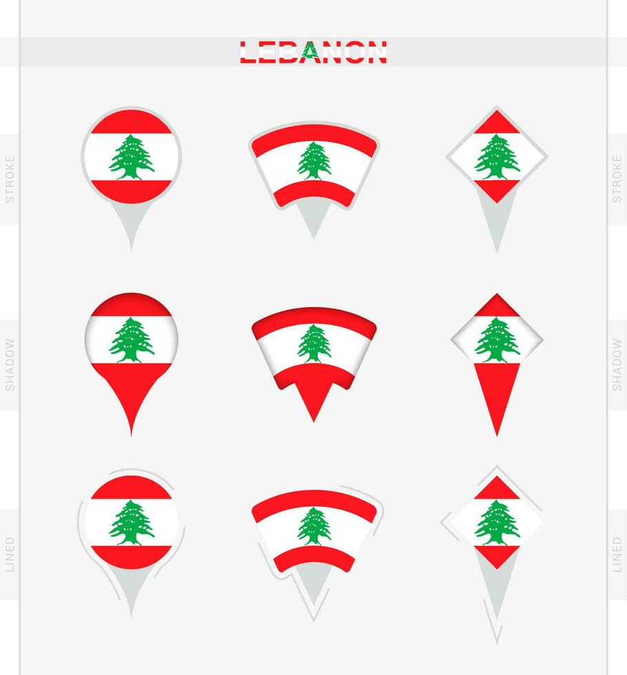 Libano bandiera, impostato di Posizione perno icone di Libano bandiera. vettore