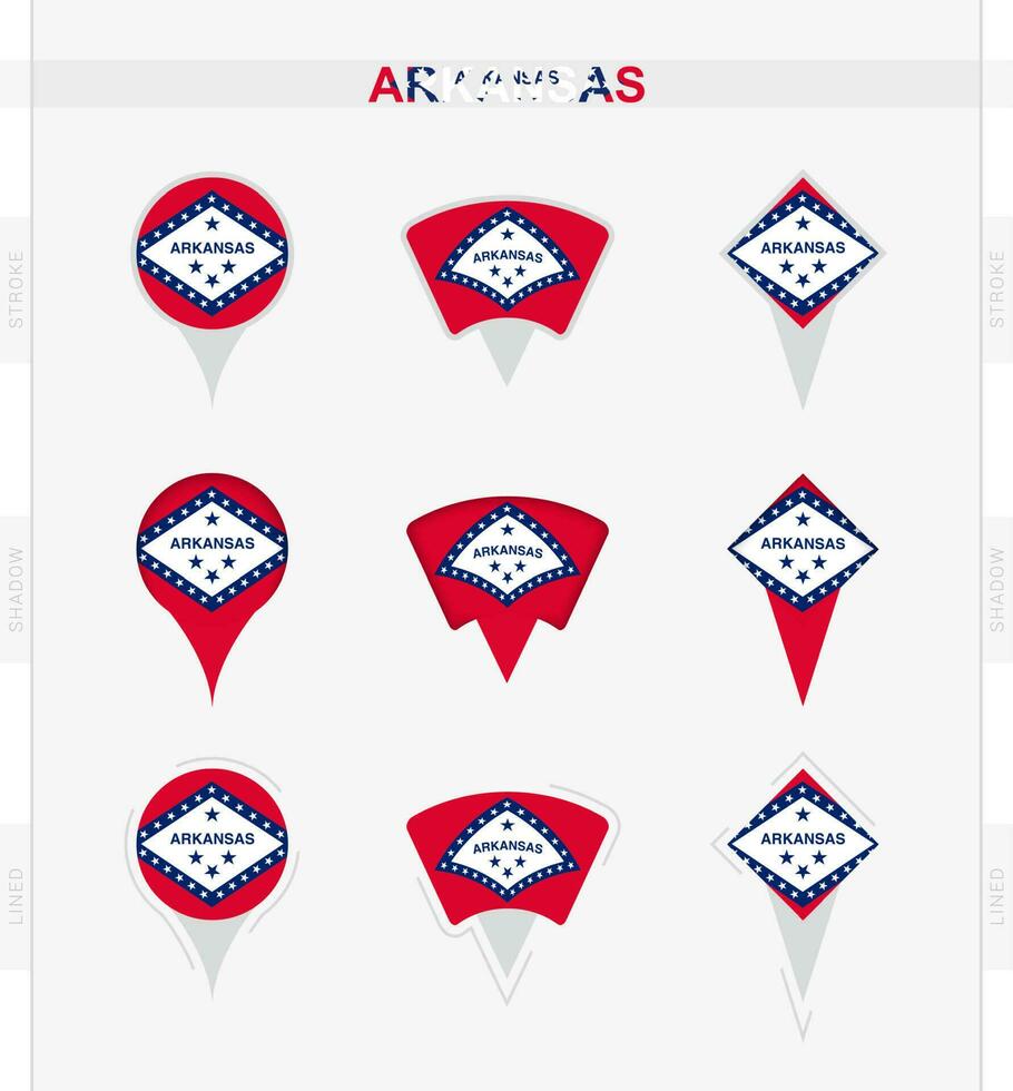 Arkansas bandiera, impostato di Posizione perno icone di Arkansas bandiera. vettore