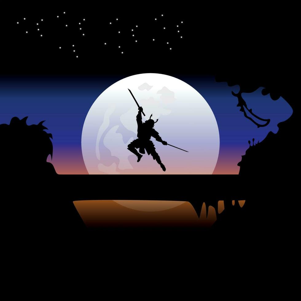 samurai formazione a notte su un' pieno Luna vettore