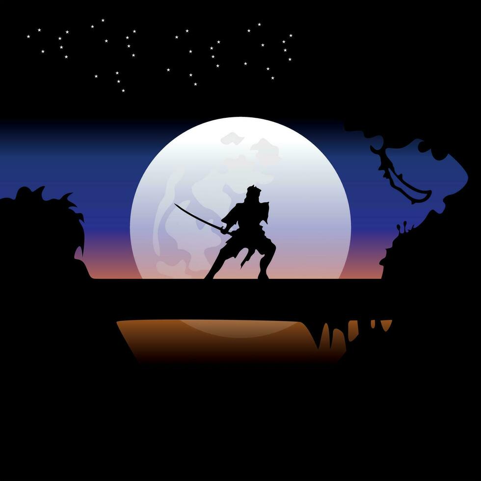 samurai formazione a notte su un' pieno Luna vettore