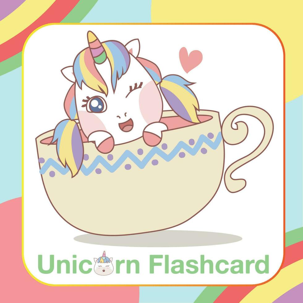 carino unicorno flashcard per bambini. pronto per Stampa. stampabile gioco carta. educativo carta per scuola materna. vettore illustrazione.