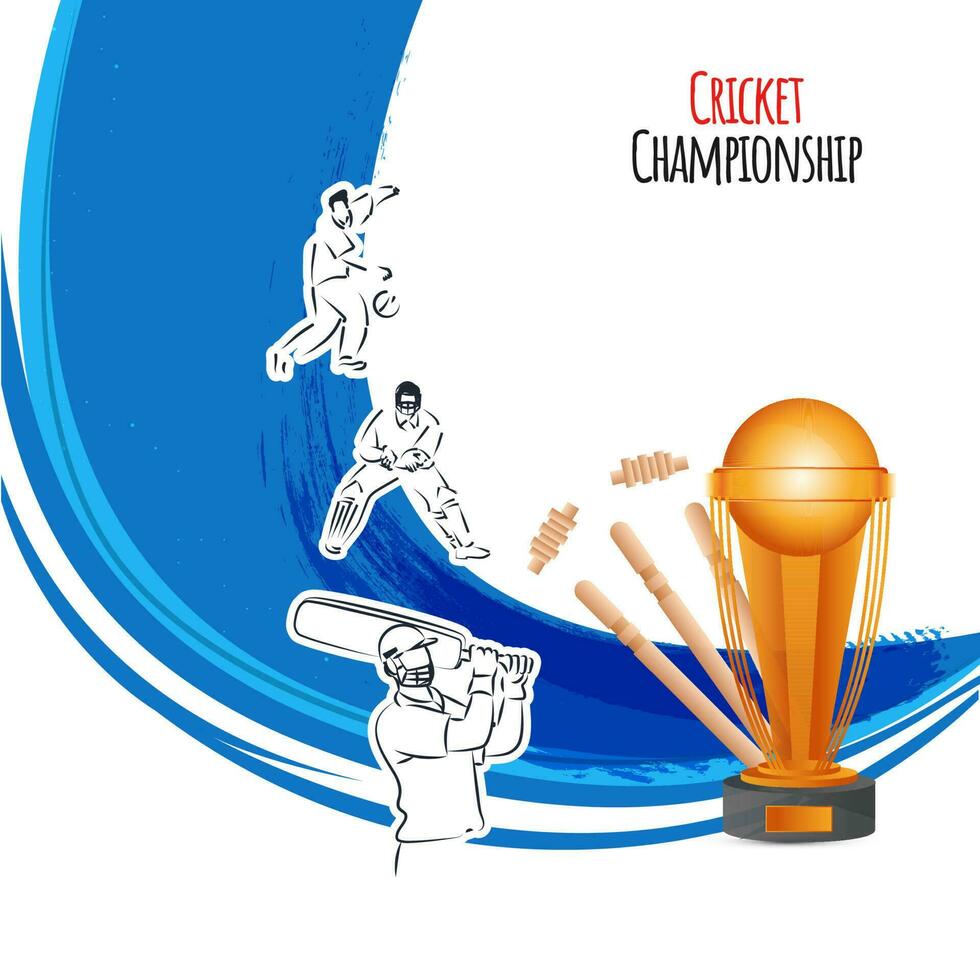 cricket campionato concetto con 3d d'oro trofeo tazza, scarabocchio stile giocatore di cricket Giocatori e blu astratto onda su bianca sfondo. vettore