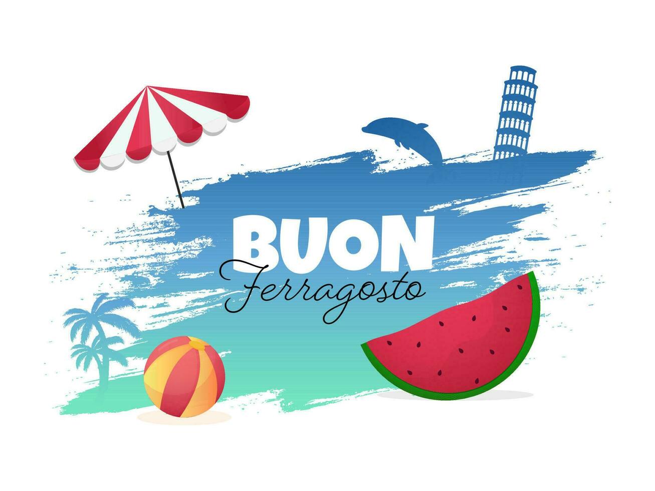 buon ferragosto font con spiaggia elementi, Torre di pisa monumento e spazzola ictus effetto su bianca sfondo. vettore