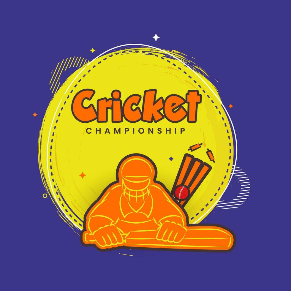 cricket campionato concetto con etichetta stile battitore giocatore, palla colpire porticina ceppo su giallo e viola sfondo. vettore