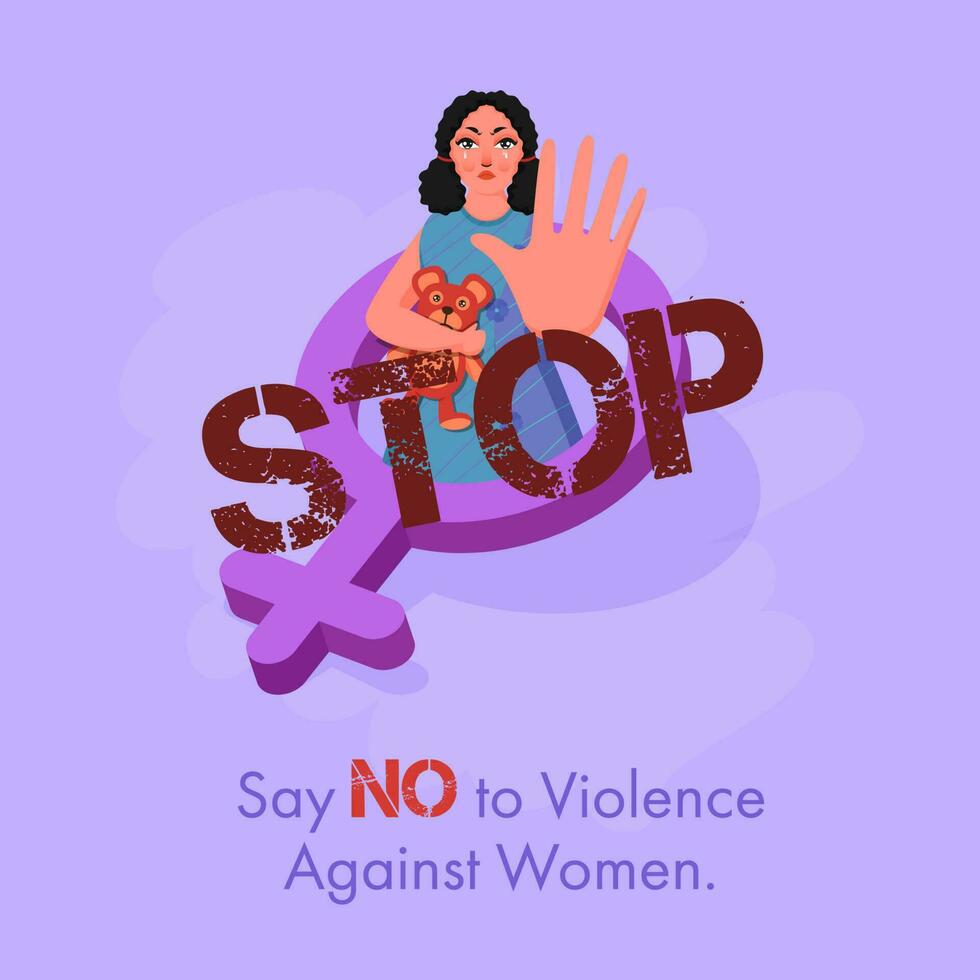 pianto giovane ragazza dire no per violenza contro donne e mostrare fermare gesto su viola sfondo. vettore