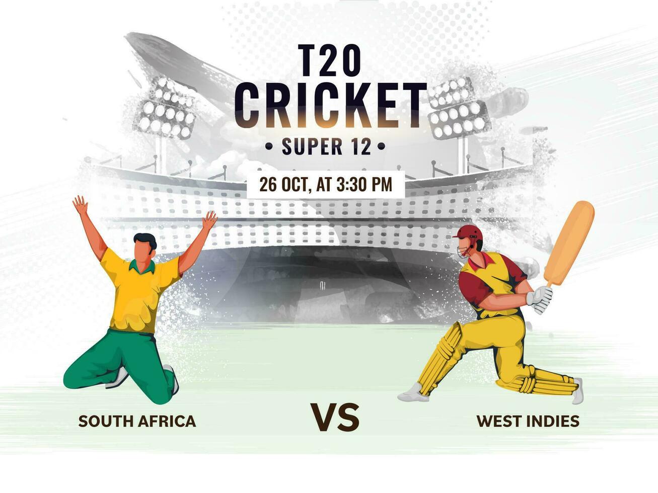 t20 cricket incontro concetto con partecipando squadra Giocatori di Sud Africa vs ovest indie su grigio stadio struttura sfondo. vettore