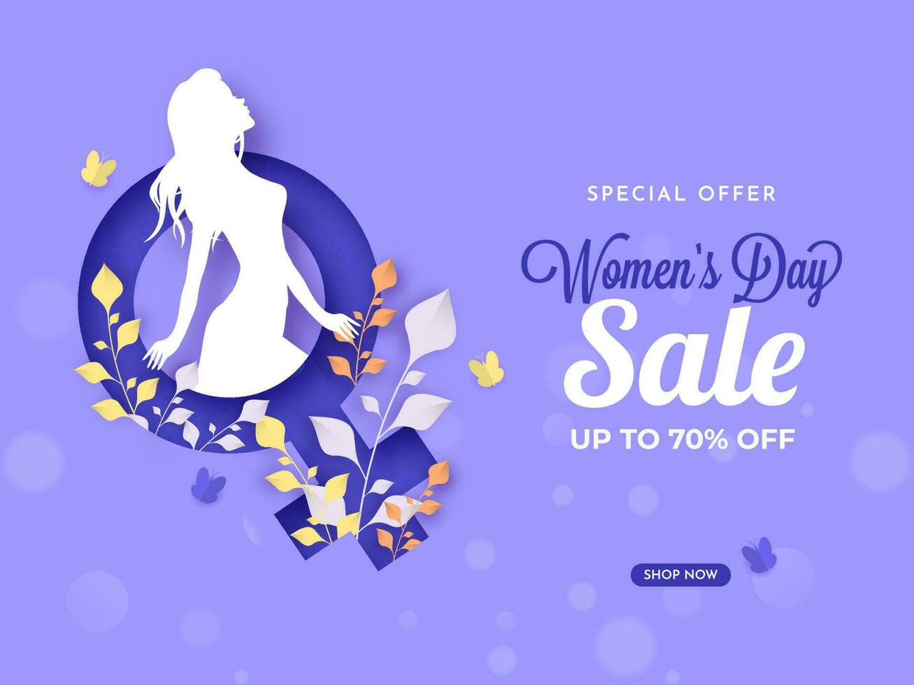 Da donna giorno vendita manifesto design con sconto offerta, silhouette femmina e le foglie su viola carta tagliare Venere cartello sfondo. vettore