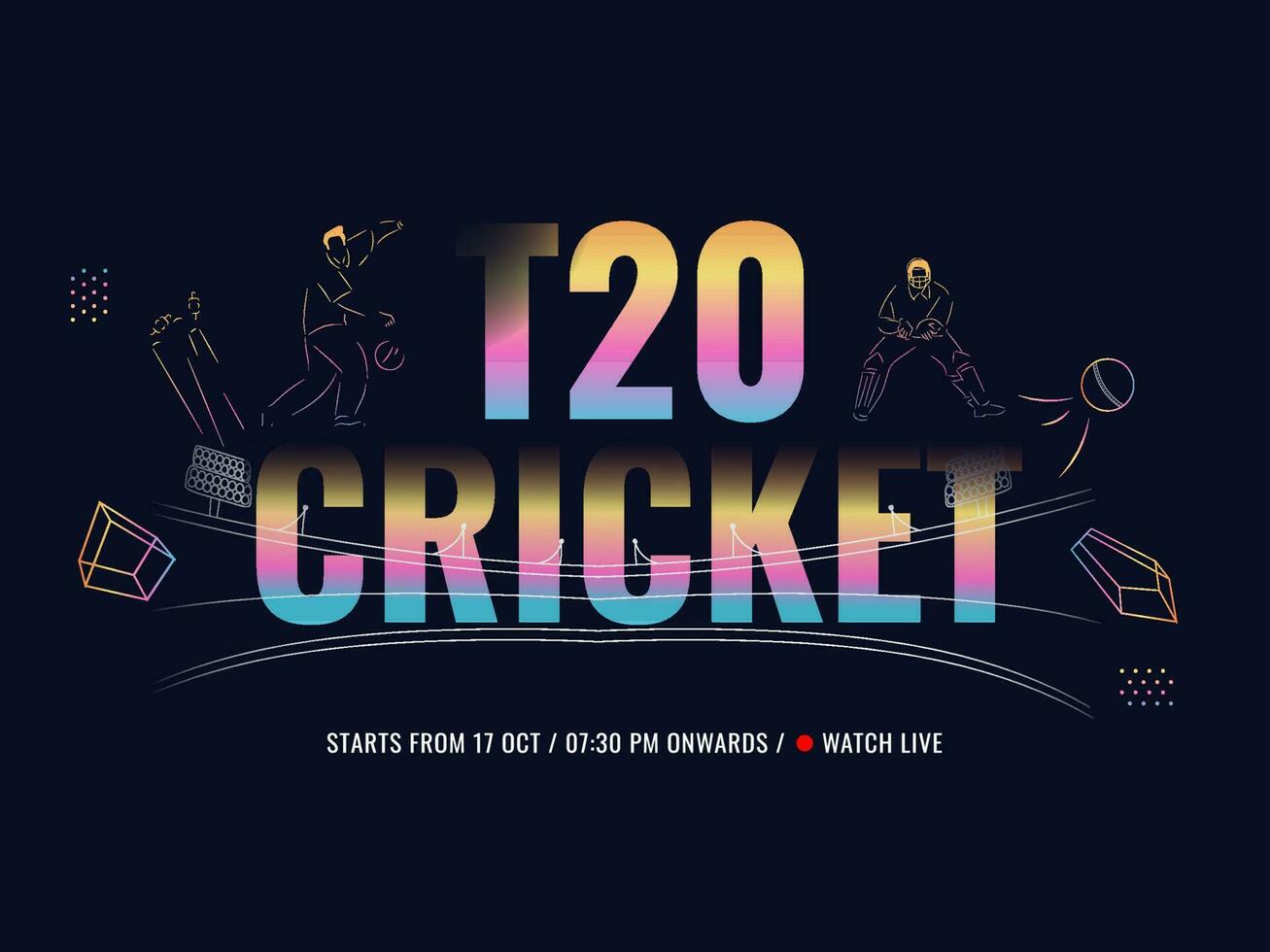 colorato pendenza t20 cricket testo con giocatore di cricket giocatore su buio blu sfondo. vettore