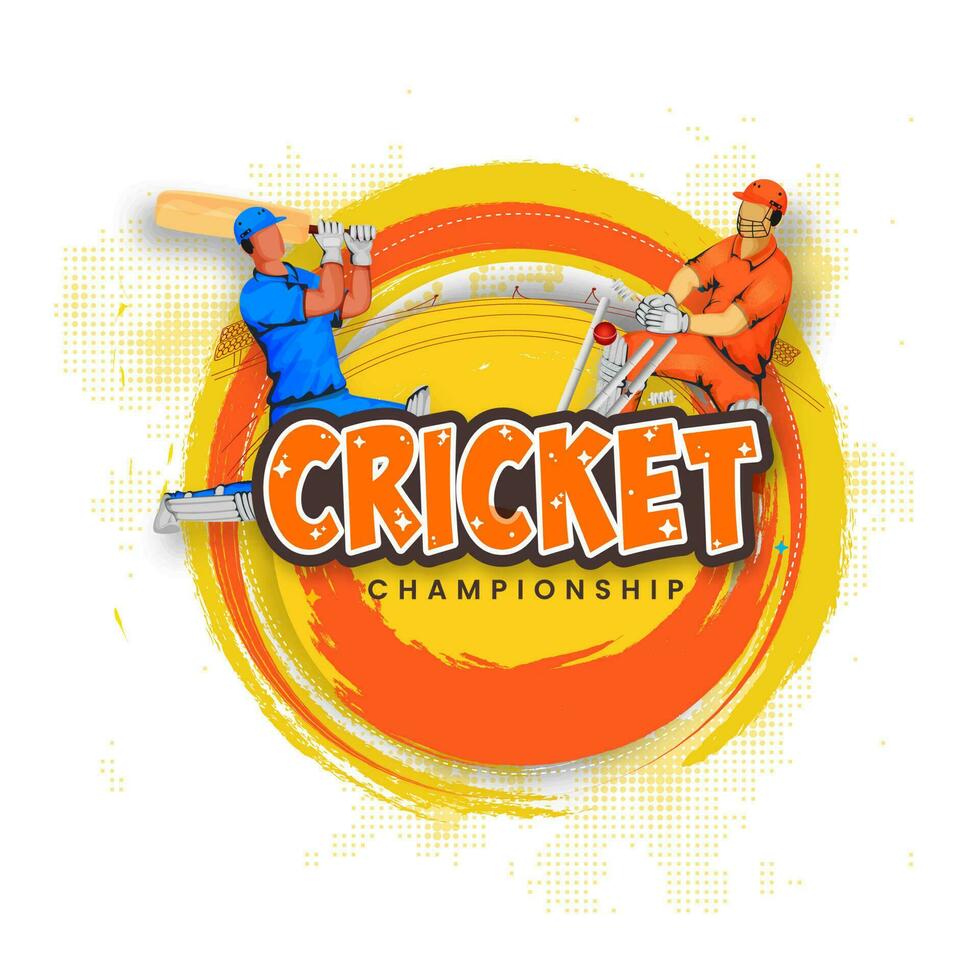 cricket campionato concetto con senza volto battitore, porticina custode colpire palla per monconi e spazzola mezzitoni effetto su bianca sfondo. vettore
