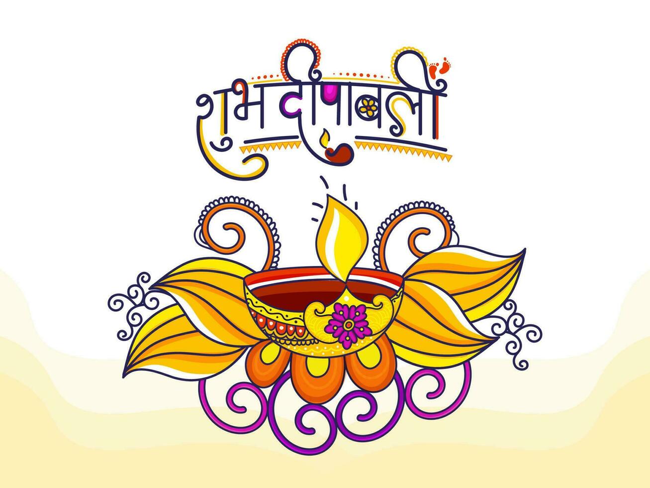 contento Diwali font scritto nel hindi linguaggio con illuminato olio lampada su bianca e giallo sfondo. vettore