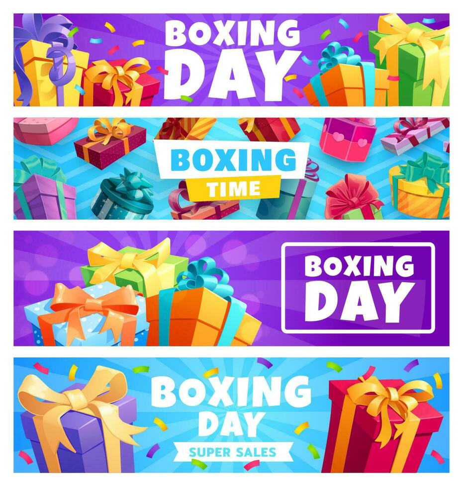 boxe giorno regali regalo scatole con nastro banner vettore