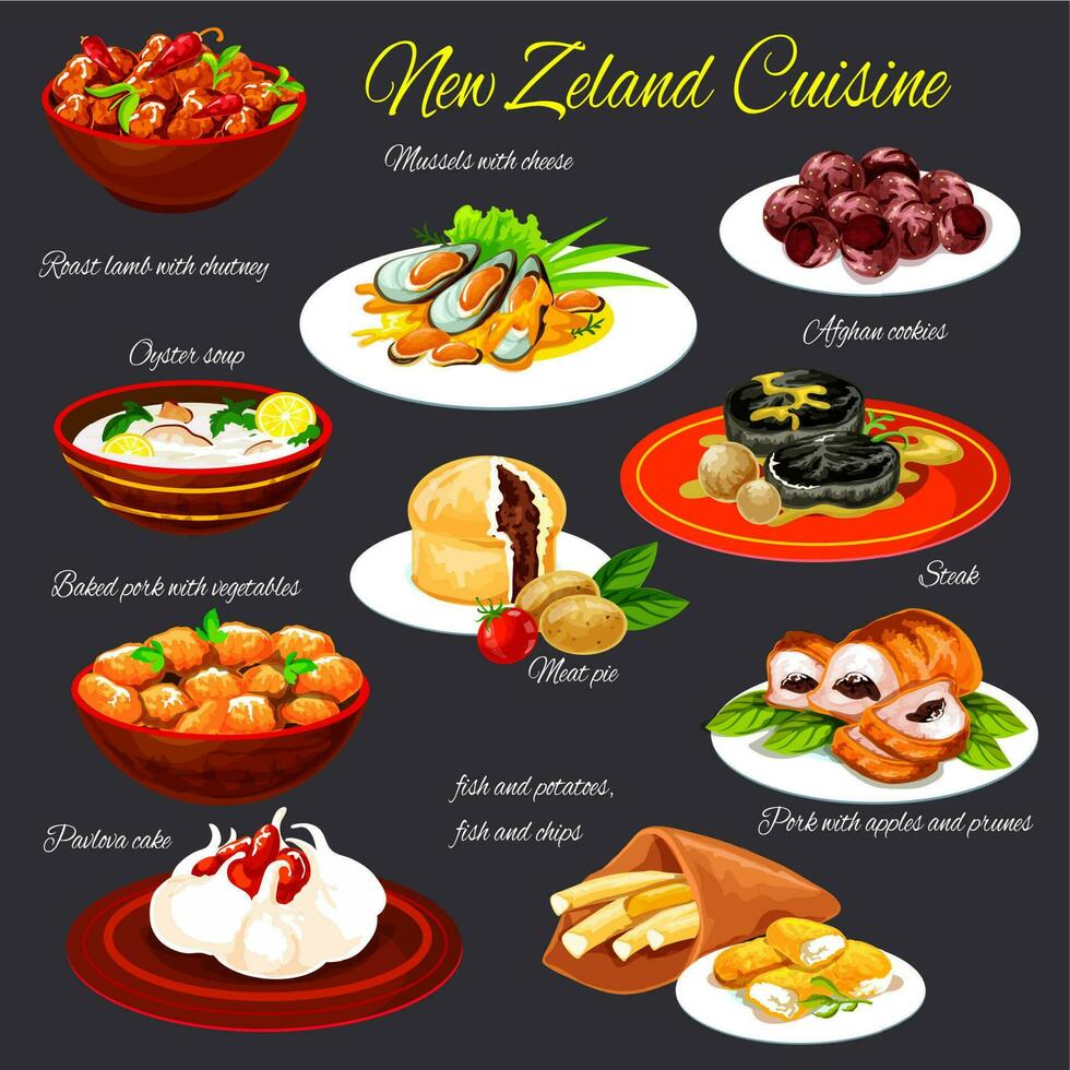 nuovo Zelanda cucina carne pasti e dolci vettore