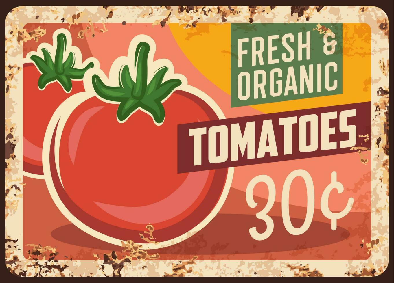 pomodori arrugginito metallo piatto, azienda agricola vettore prezzo etichetta
